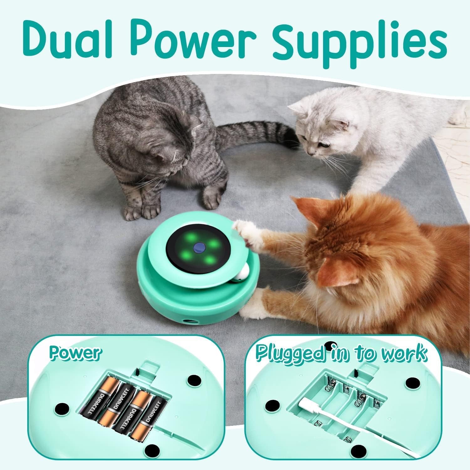 Cat Toys 2-In-1 Interactive Cat Toys for Indoor Cats, Automatic Cat Toy Balls, Mice Toys Ambush Feather Kitten Toys with 7Pcs Attachments, Dual Power Supplies, Adjustable Speed, Auto On/Off