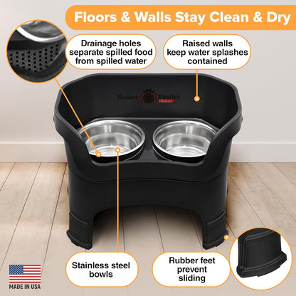 Neater Feeder - Deluxe Model Adjustable Height - Mess-Proof Dog Bowls (Large, Midnight Black) - Made in USA - Elevated, No Spill, Non-Tip, Non-Slip, Raised Stainless Steel Food & Water Pet Bowls