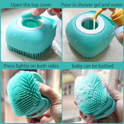 Dog Bath Brush, Pet Massage Brush Shampoo Dispenser, Soft Silicone Brush Rubber Bristle for Dogs and Cats Shower Grooming (Blue)