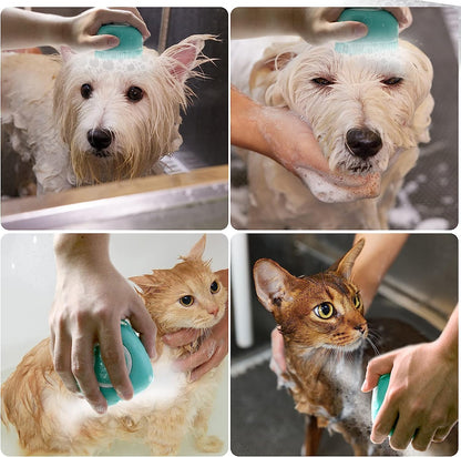 Dog Bath Brush, Pet Massage Brush Shampoo Dispenser, Soft Silicone Brush Rubber Bristle for Dogs and Cats Shower Grooming (Blue)